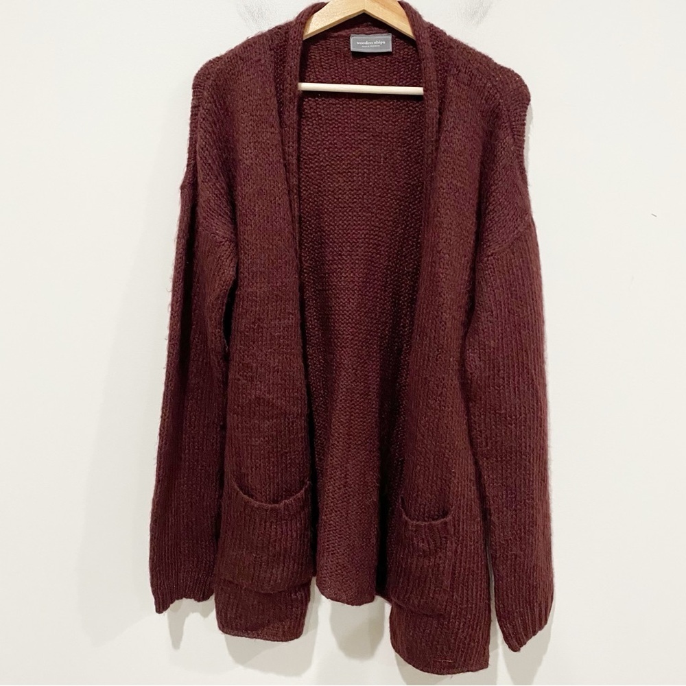 WOODEN SHIPS Burgundy Open Cardigan Pockets Wool Cabincore Size Medium Large